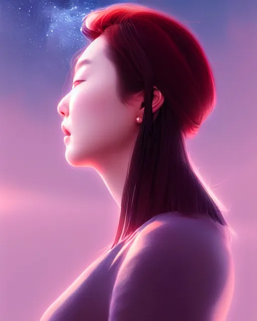 Image similar to kim hyun joo as an android, rose hair, highly detailed, cinematic, illuminated, sunny, beautiful girl, advanced technology, futuristic, digital painting by ilya kuvshinov, akiko takase, eugene gottsnake, stanislav istratov and su fu and antoine collignon