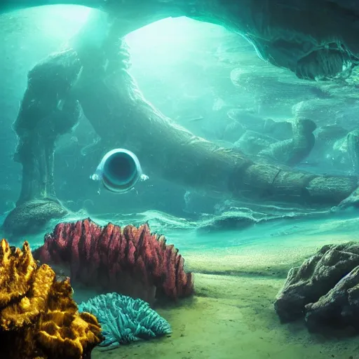 Prompt: vanishing perspective underwater view of the alien landscape underwater on the ocean bed, deep blue ocean color, some plant life, alien fish swimming on the background, cinematic perspective, cinematic lighting, matte painting, detailed, sci - fi, hdr, 4 k, artstation