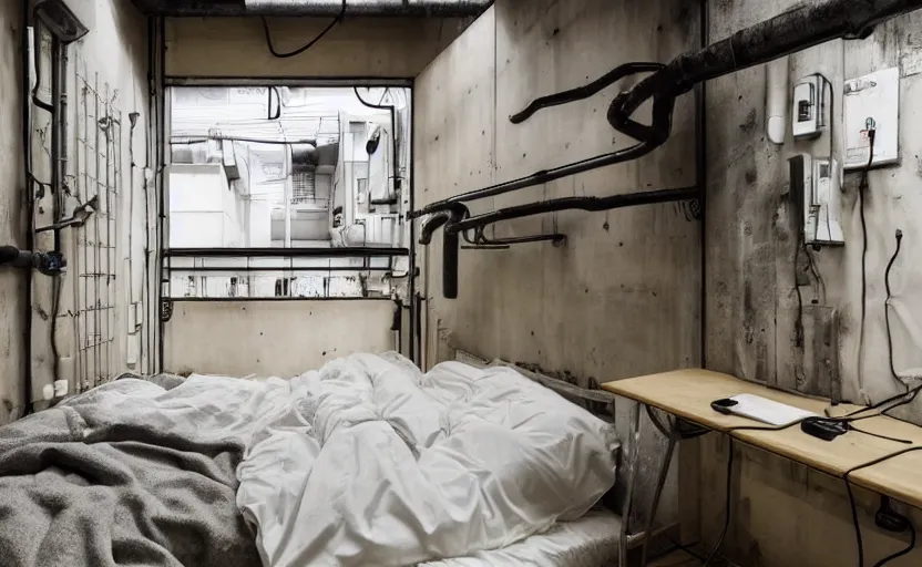 Image similar to akihabara bedroom interior, concrete, punk, bed, neon japanese lights, modernism, white, beige, black, minimalism, industrial, pipes, rust, little windows, plants, retro futurism, cyberpunk