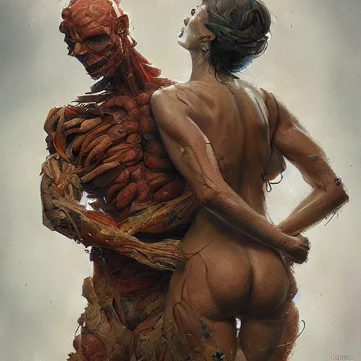 Image similar to two bodies entwined by arcimboldo, greg rutkowski, trending on artstation