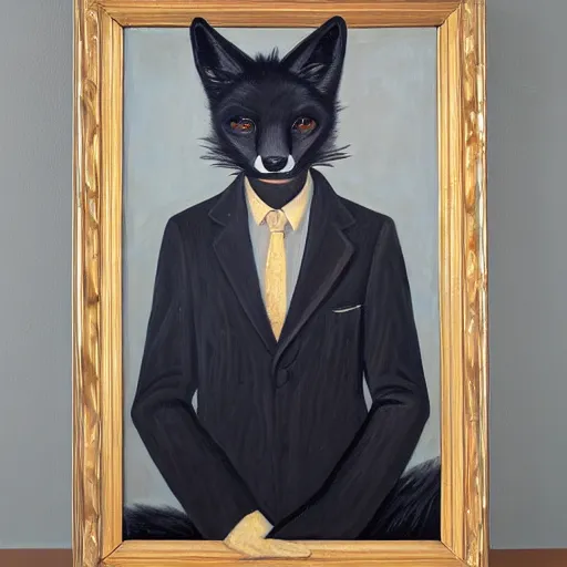 Image similar to portrait of a male anthro anthropomorphic black fox furry fursona with hands on eyes, wearing a suit, 1 9 7 0 s oil on canvas painting, by famous artist jylon denja