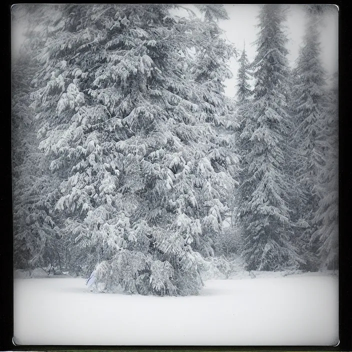 Image similar to atmospheric polaroid photo of a snowy taiga growing in an office building