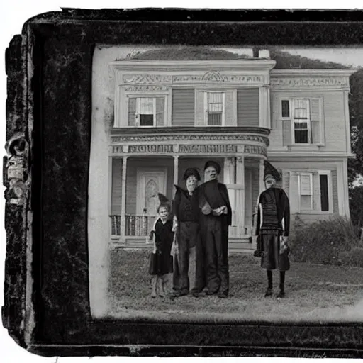 Prompt: creepy cursed daguerreotype portrait photo of a 1800's alien family standing in front of a Victorian house, Hyperrealism. Weirdcore