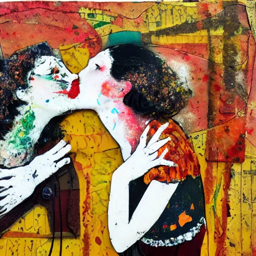 Image similar to two women kissing at a carnival in autumn, mixed media collage, retro, paper collage, magazine collage, acrylic paint splatters, bauhaus, claymation, layered paper art, sapphic visual poetry expressing the utmost of desires by jackson pollock