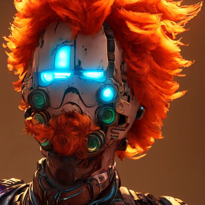 Image similar to glowwave portrait of curly orange hair man from borderlands 3, au naturel, hyper detailed, digital art, trending in artstation, cinematic lighting, studio quality, smooth render, unreal engine 5 rendered, octane rendered, art style by klimt and nixeu and ian sprigger and wlop and krenz cushart.