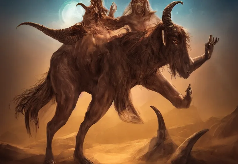 Image similar to terrific jinn demon in middle of desert with hoof on his feet and goat face with long cloth afraid of beautiful powerful angel, epic angel, wporfull angel, good vs evil, atmosphere, harsh lighting, cinematic lighting,, award wining art, artstation, high details, concept art, 4 k