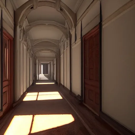 Prompt: inside a victorian hallway with bookcases on the walls, sunlight shines through the windows and produces rays of light in the dust ray traced unreal 5, ultra details