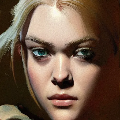 Image similar to ultra realistic portrait painting of elle fanning in metal gear solid, art by frank frazetta, 4 k, ultra realistic, highly detailed, epic lighting