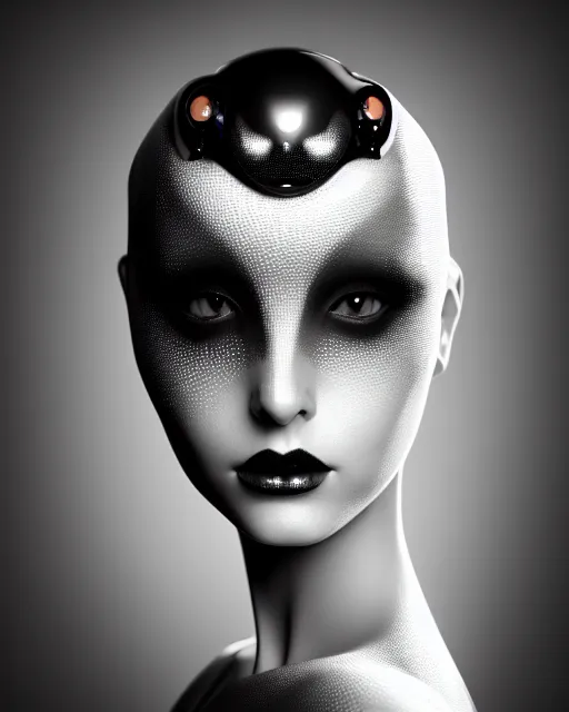 Image similar to surreal mythical dreamy dark artistic black and white fine art 3 / 4 fashion portrait photo of a young beautiful delicate female robot with realistic orchid - owl face, rim light, cinematic, studio dramatic light, poetic, masterpiece, octane render, 8 k, photo - realistic by hg giger and man ray