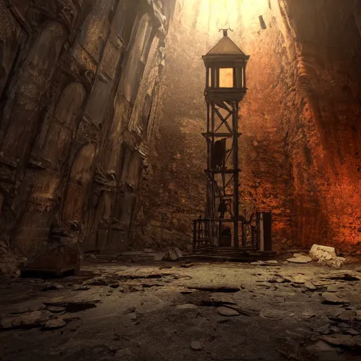 Image similar to an abandoned old rusty clocktower in a dark enormous cave, Low level, digital art, unreal engine, WLOP, trending on artstation, 4K UHD image, octane render dynamic lighting, cinematic, establishing shot, extremely high detail, photo realistic, cinematic lighting, watercolor, intricate line drawings, 8k resolution