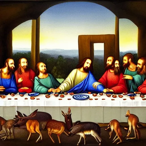 Image similar to A beautiful painting of the Last Supper, with Jesus and his disciples replaced by various animals. The painting is set in a forest, with a deer at the head of the table and a squirrel and rabbit to either side. clockpunk, crayon art by Hiroshi Yoshida, by Iryna Yermolova, by Catherine Hyde 3d render