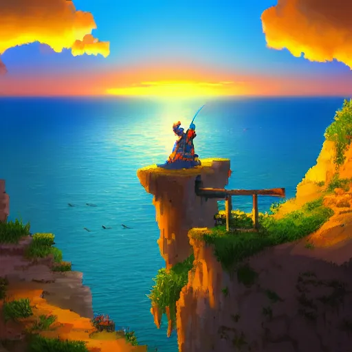Prompt: a knight rests on a cliff above a cozy and cute seaside village at sunset, dramatic lighting, vivid color, 1 6 bit pixel cover art, trending on artstation