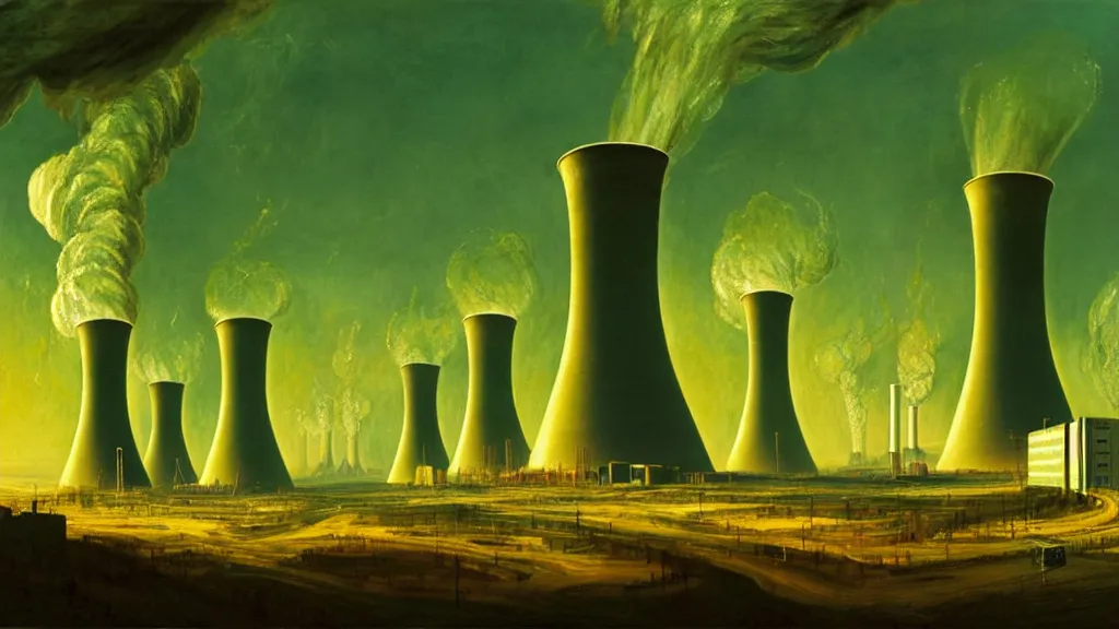 Image similar to A nuclear power plant in utopia by Simon Stålenhag and J.M.W. Turner, oil on canvas; Nuclear Fallout, Art Direction by Adam Adamowicz; 4K, 8K Ultra-Realistic Depth Shading