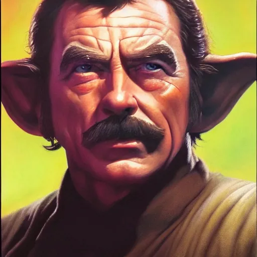 Image similar to ultra realistic portrait painting of tom selleck as yoda, art by frank frazetta, 4 k, ultra realistic, highly detailed, epic lighting