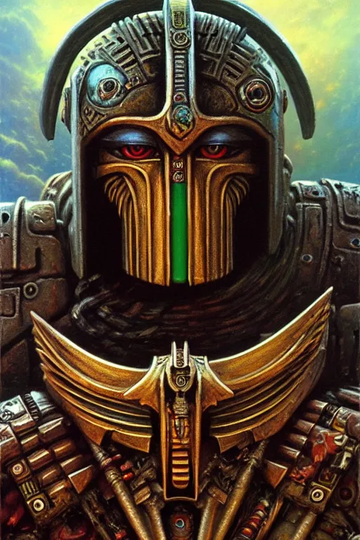 Prompt: full - length portrait of horus lupercal - warhammer 4 0 k, 3 5 mm, close - up, a hyperrealistic acrylic portrait painting, beksinski and thomas kinkade. intricate details. believable eyes. head and shoulders. front on, symmetrical. epic fantasy art.