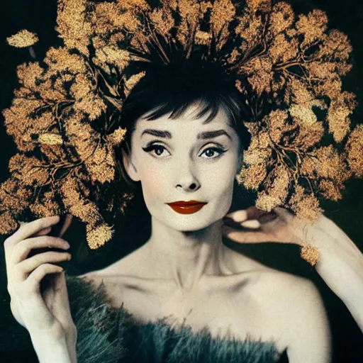 Image similar to fine art photo of audrey hepburn, she has a crown of dried flowers, by oleg oprisco