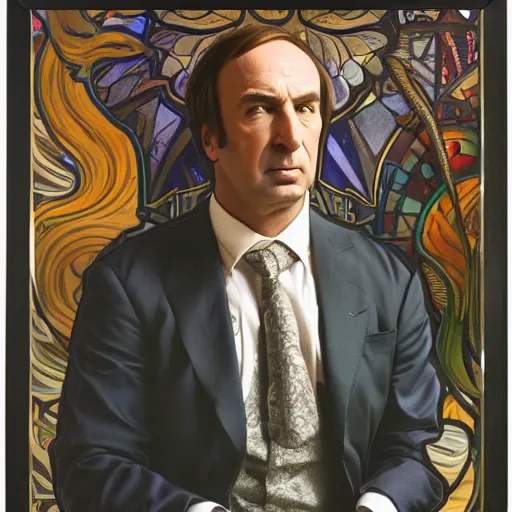 Image similar to saul goodman portrait picture by alfons mucha, golden hour, realistic, body shot, sharp focus, 8 k high definition, insanely detailed, intricate, elegant, cherry blossoms