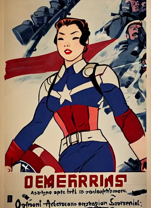 Image similar to beautiful asian female captain america standing on a pile of defeated, beaten and broken german soldiers. feminist captain america wins wwii. american wwii propaganda poster by james gurney. gorgeous face. overwatch. anime