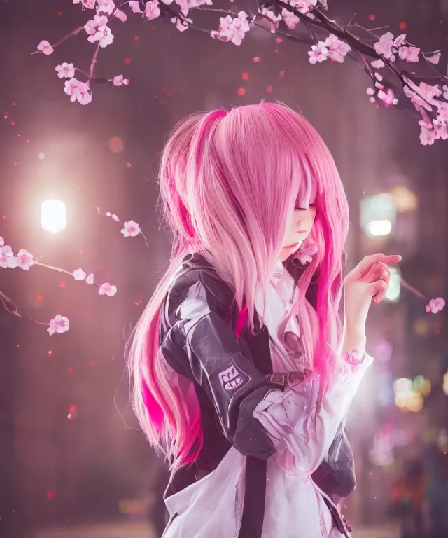 Image similar to video game girl, light pink hair with pink flames, cherry blossoms, neo tokyo, portrait, perfectly symmetrical, 5 0 mm