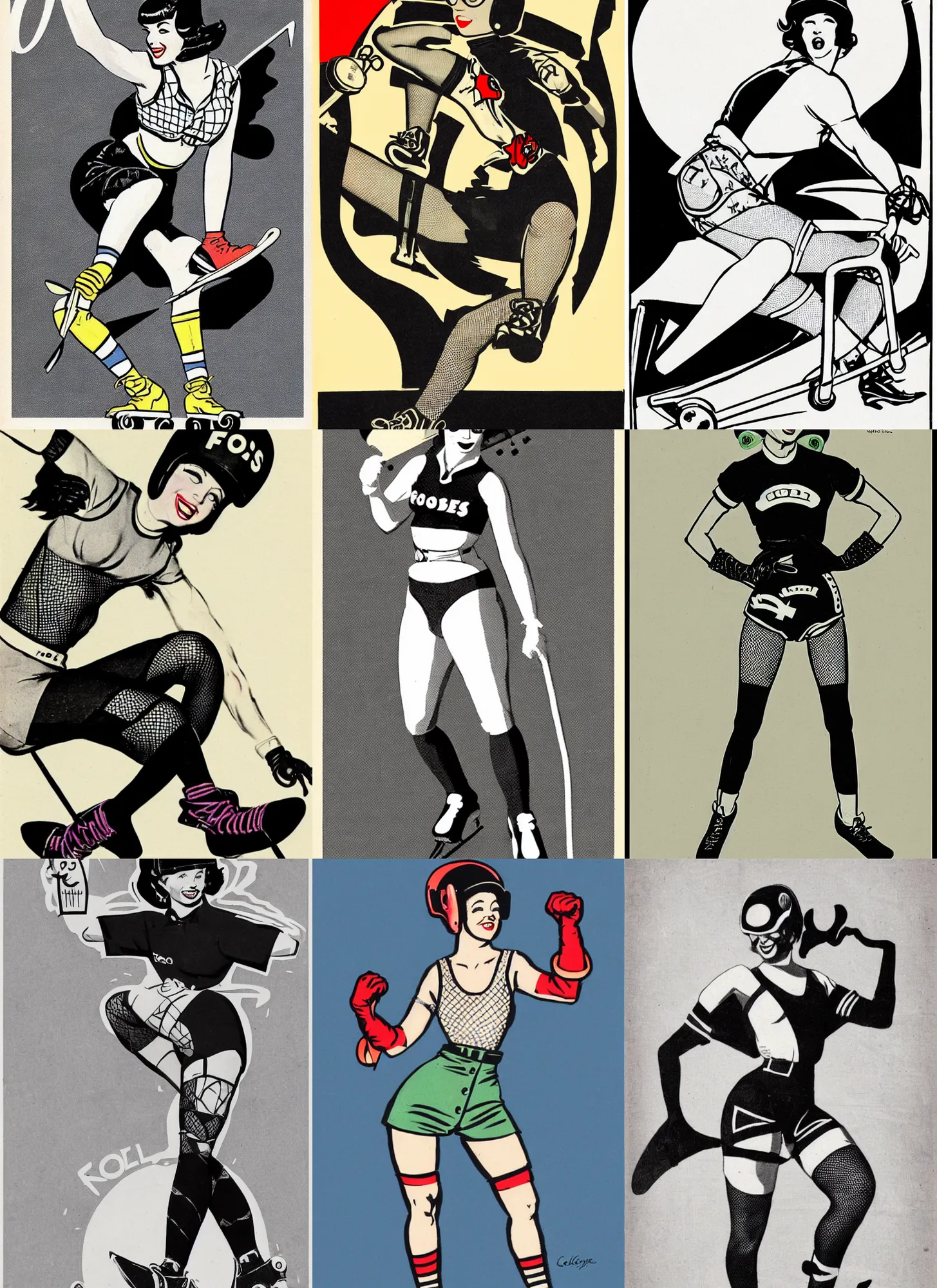 Prompt: 1950s logo of a roller derby girl (Colleen Moore) doing Cross-Over, wearing skate helmet, knee pads, elbow pads, fishnet tights, showing off biceps, illustration by greg rutkowski and mcbess, 1950s