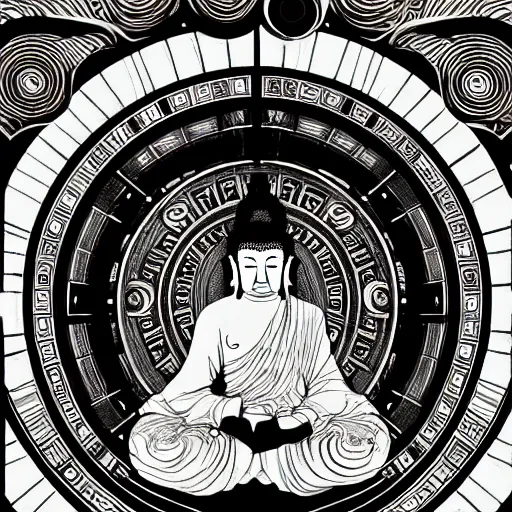 Prompt: 2 d techno buddah dreaming of the ying yang in front of concentric geometric radial sun portal with ancient wuji symbols embedded within it, ornate details, hyper realism, yoshitaka amano, alphonse mucha