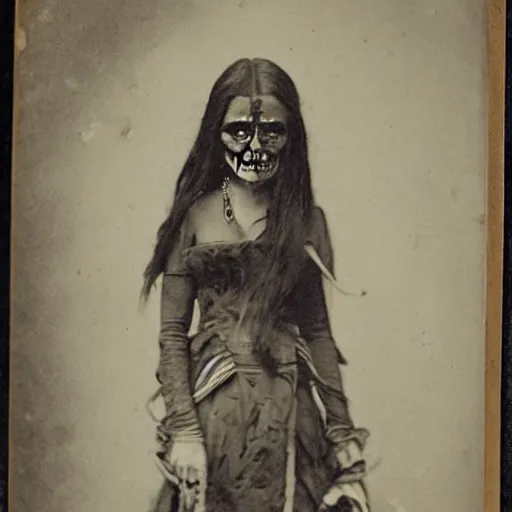 Image similar to victorian photo portrait of a scary horror monster and a native american warrior girl, 1825