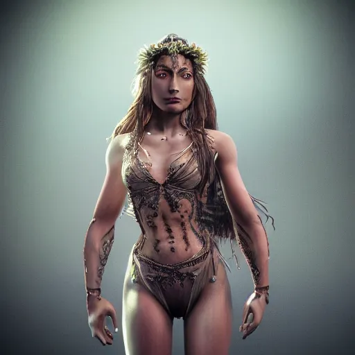 Image similar to full body pose, hyperrealistic photograph of a beautiful attractive hippy woman, dim volumetric lighting, 8 k, octane beautifully detailed render, extremely hyper detailed, intricate, epic composition, cinematic lighting, masterpiece, trending on artstation, very very detailed, masterpiece, stunning, hdr, smooth, sharp focus, high resolution, award, winning photo, dslr, 5 0 mm