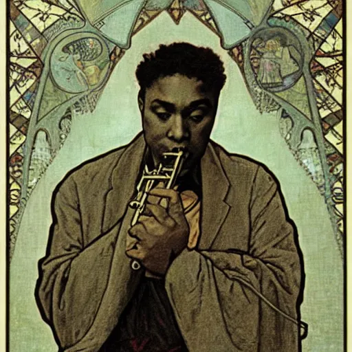 Image similar to charlie parker by hieronymus bosch alphonse mucha