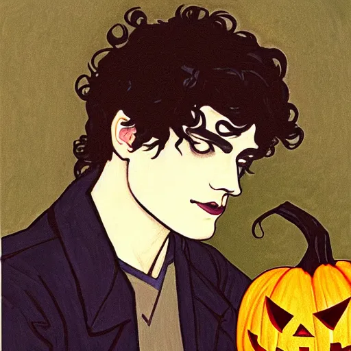 Image similar to painting of young cute handsome beautiful dark medium wavy hair man in his 2 0 s named shadow taehyung at the halloween pumpkin jack o'lantern party, depressed, melancholy, autumn, japan, elegant, clear, painting, stylized, delicate, soft facial features, delicate facial features, soft art, art by alphonse mucha, vincent van gogh, egon schiele