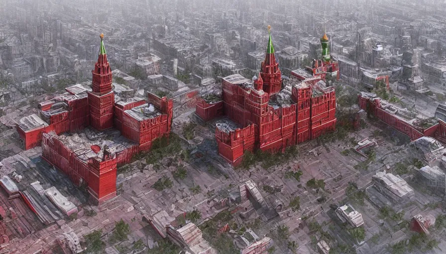 Prompt: Moscow's Red Square destroyed, abandoned and overgrown, hyperdetailed, artstation, cgsociety, 8k