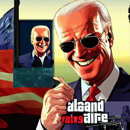 Prompt: joe biden wearing aviators and laughing in gta v, cover art by stephen bliss, boxart, loadscreen