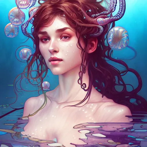 Image similar to Portrait of a girl underwater surrounded by jellyfish, face, fantasy, intricate, elegant, highly detailed, digital painting, artstation, concept art, smooth, sharp focus, illustration, art by Fernanda Suarez and Artem Demura and alphonse mucha