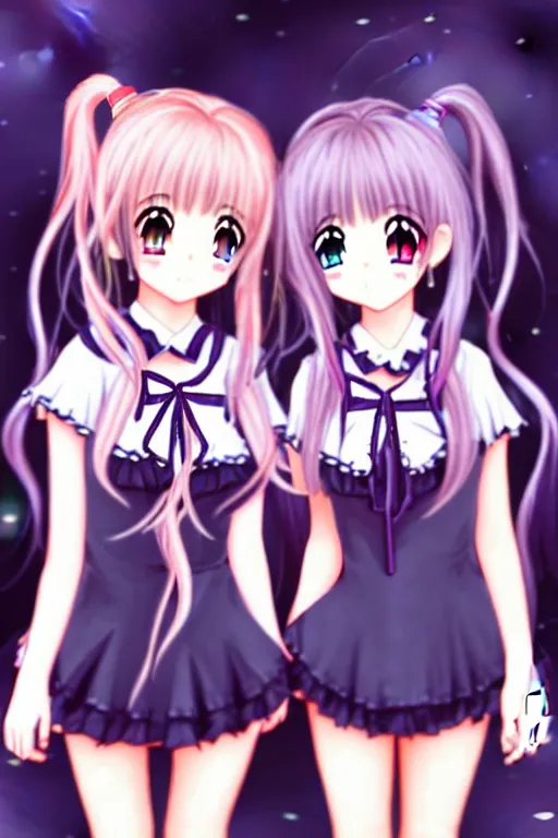 Prompt: two beautiful female idols with twintails facing each other, dark background, detailed anime art