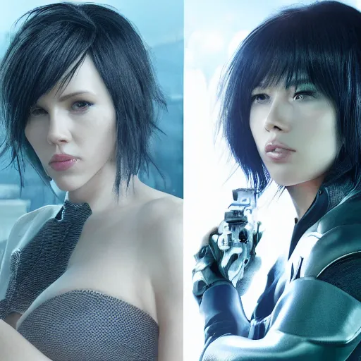 Image similar to a beautiful medium - shot still of scarlett johansson as motoko kusanagi from ghost in the shell, cyberpunk style, looking off into the distance, kusanagi hairdress, balck hairs, ultra realistic, soft, blue hour, soft neons light from night city falling on her face. focus on her eyes and brows. by annie leibowitz