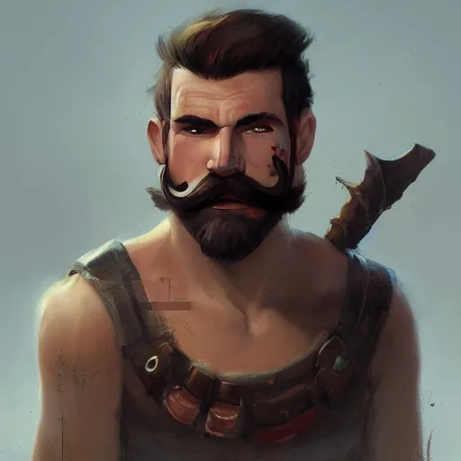 Prompt: portrait barbarian with trucker mustache and short hair, 8 k, trending on art station, by tooth wu and greg rutkowski in unreal engine