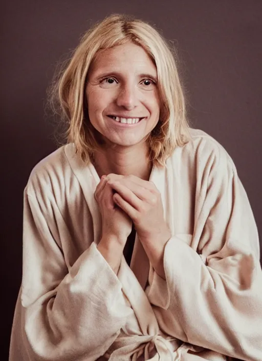 Image similar to homely but adorable blonde woman, healed scars and scratches across left cheek, wearyworn but optimistic expression, wearing beige pajamas and robes