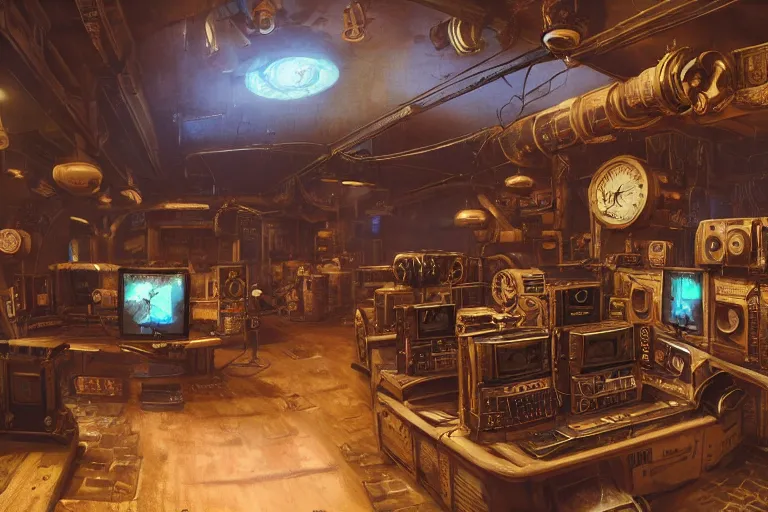 Prompt: interior of a steampunk videoclub, 3d scene, render, ultra realistic, zenith view, Greg Rutkowski, artstation, cgsociety, level design, unreal engine, 3d scene, render, ultra realistic, zenith view, Enki Bilal style
