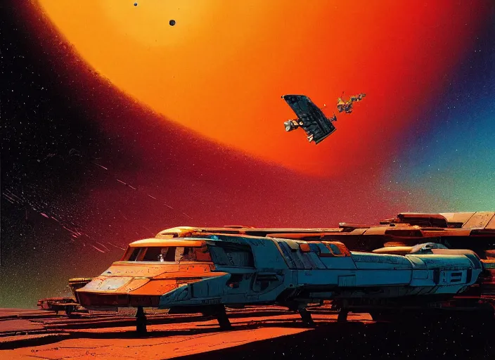 Prompt: a brightly - coloured spacecraft in an empty landscape by martin deschambault, dean ellis, peter elson, josan gonzalez, david a hardy, john harris, wadim kashin, angus mckie, bruce pennington, sci - fi art