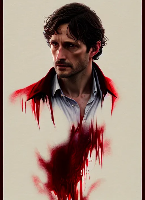 Image similar to ultra realistic illustration, handsome will graham. dark red, blood, intricate, highly detailed, digital painting, artstation, concept art, smooth, sharp focus, illustration, art by artgerm and greg rutkowski and alphonse mucha and wlop