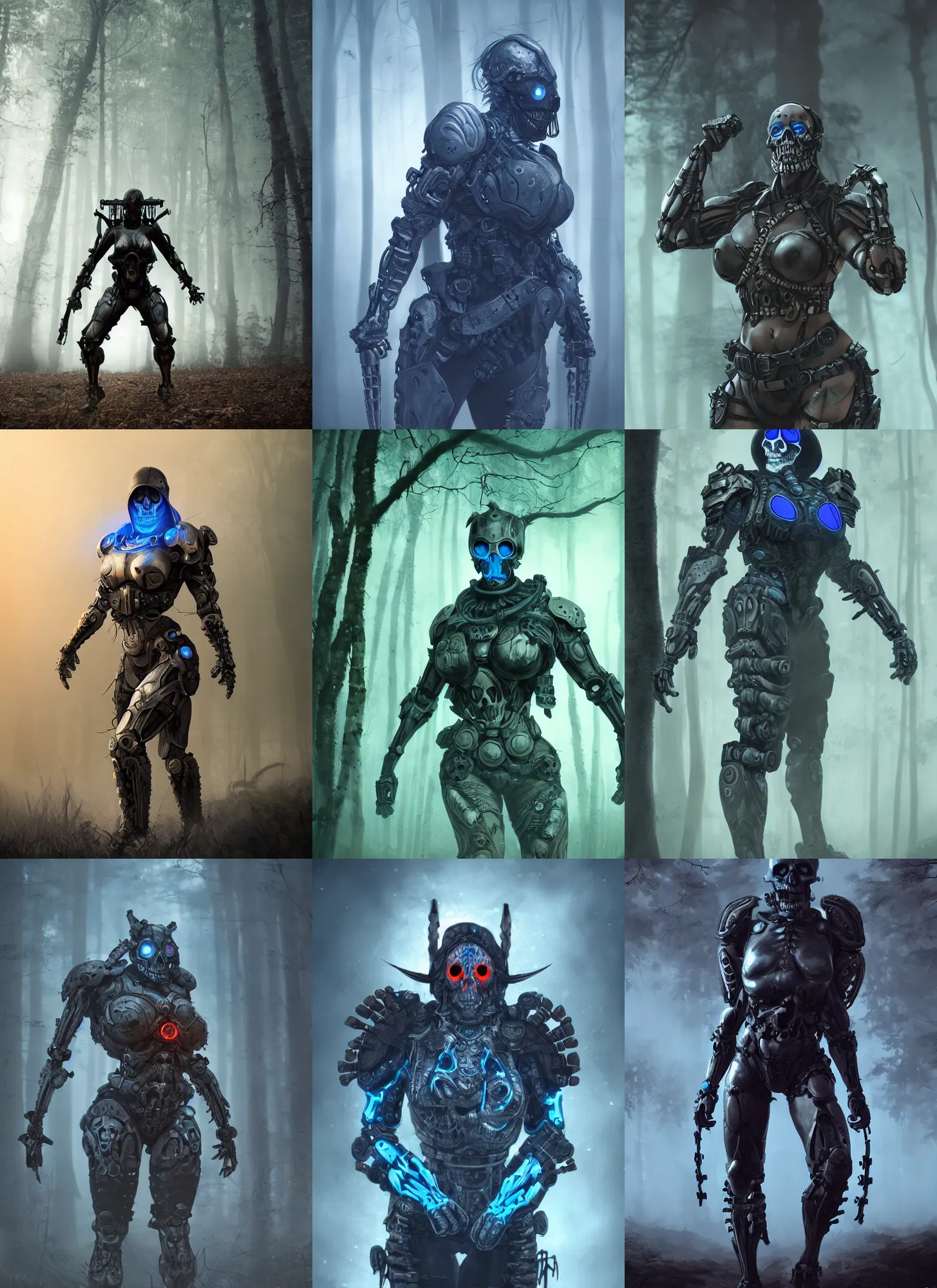 Prompt: skull face, big muscular female warrior with glowing blue eyes wearing biomechanical armor, apex legends, forest plains of yorkshire, misty forest, mcu, concept art, good value control, digital painting, sharp focus, rule of thirds, 4k, centered, magic hour photography, atmospheric, moody colors