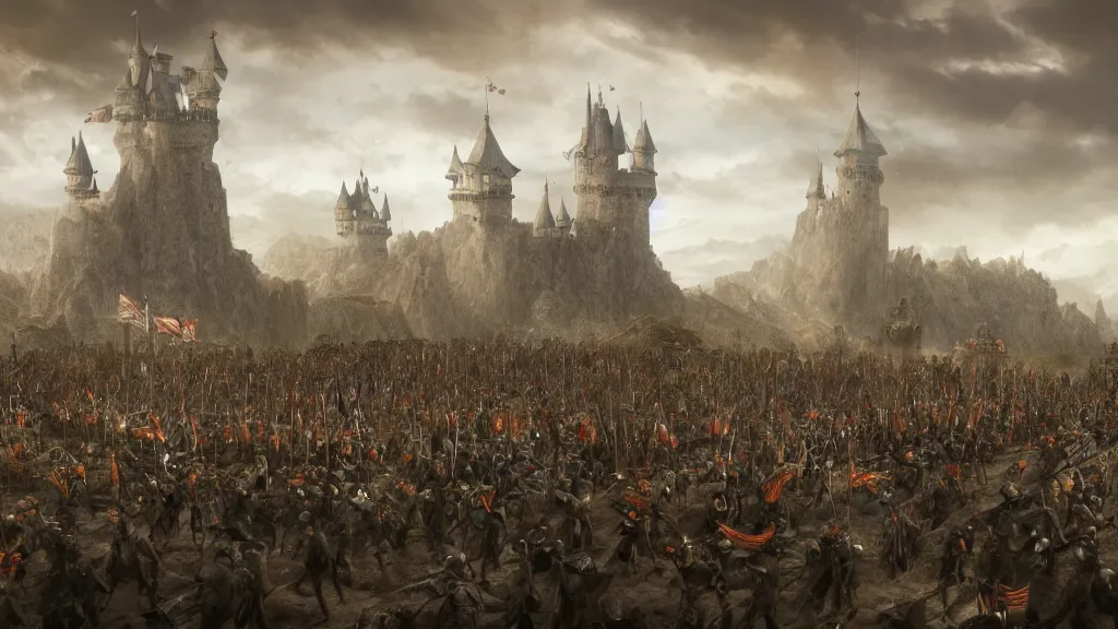 Prompt: A fantasy army marching upon a castle, concept art, matte painting, 8k, highly detailed, artstation