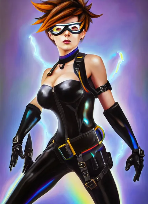 Image similar to oil painting digital artwork of tracer overwatch, confident pose, wearing black iridescent rainbow latex, 4 k, expressive happy smug expression, makeup, in style of mark arian, wearing leather collar, wearing sleek full body armor, black leather harness, expressive detailed face and eyes,