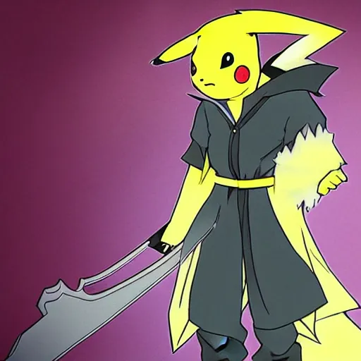 Prompt: Pikachu cosplaying Sephiroth with his long sword and a meaning face, coloured manga style