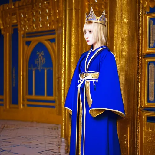 Image similar to a portrait of saber, an anime character of european girl with a crown and blue and gold robes. her pose is strong and confident as she looks towards the camera. the background is of a grand hall with several windows and tapestries. 8 k photography, high resolution, cinestill 8 0 0 t