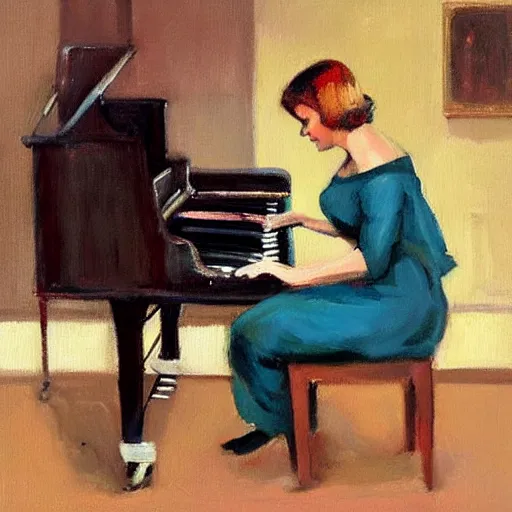Image similar to a painting of a woman playing a piano, an acrylic painting by Raymond Leech, featured on pinterest, figurative art, oil on canvas, acrylic art, art on instagram