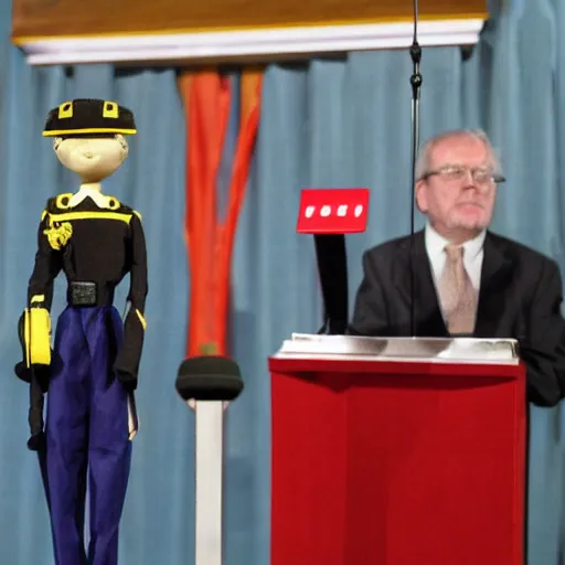 Image similar to marionette president in a podium giving a press conference