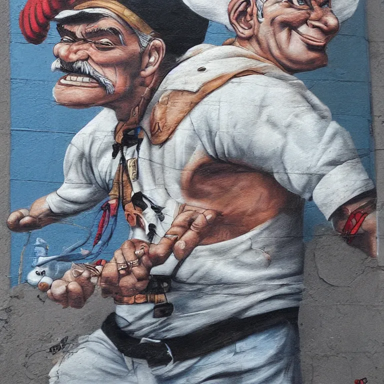 Image similar to Street-art portrait of Popeye the Sailor in style Elzie Crisler Segar, photorealism