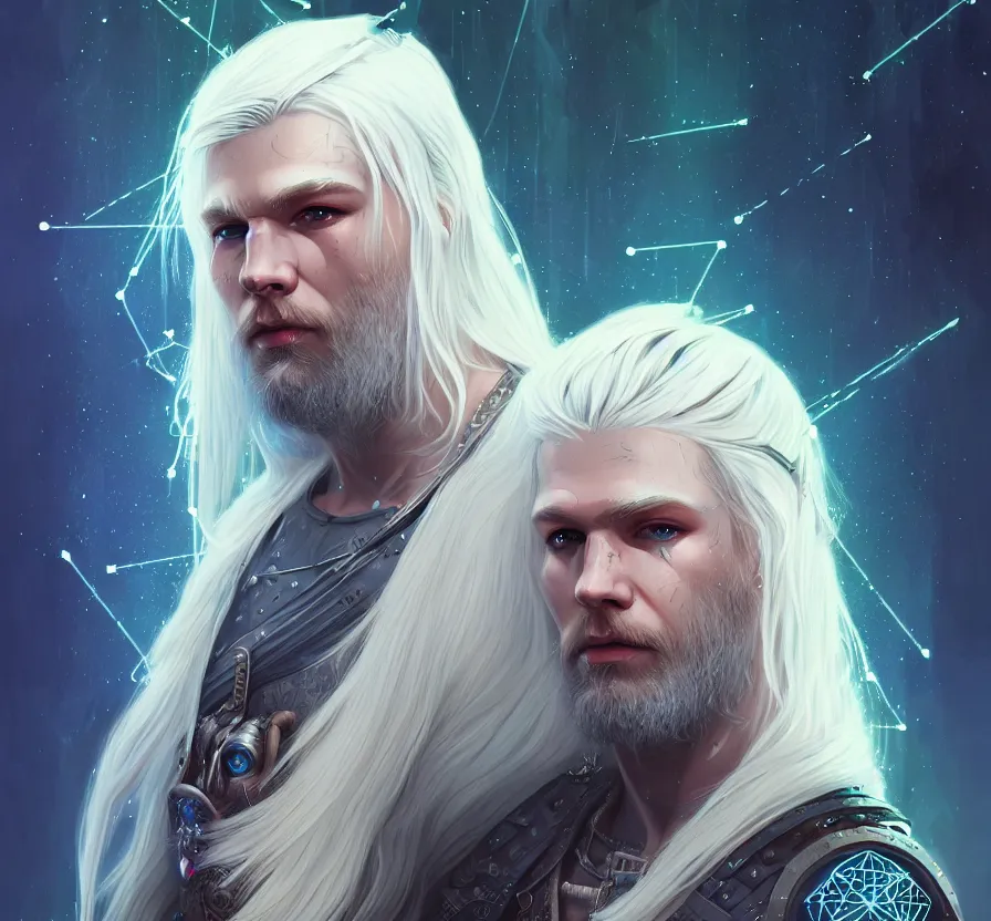 Prompt: cyberpunk viking with white hair, face, sci - fi, constellation geometry, forest background, elegant, highly detailed, digital painting, artstation, concept art, smooth, sharp focus, spiritual art, psychedelic, illustration,