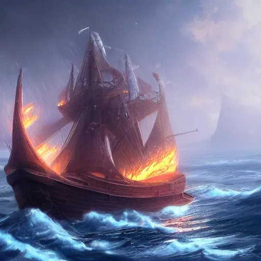 Prompt: fantasy fireship crossing an ocean, high detail, fantasy art, concept art, 4 k, ultra detail, computer art