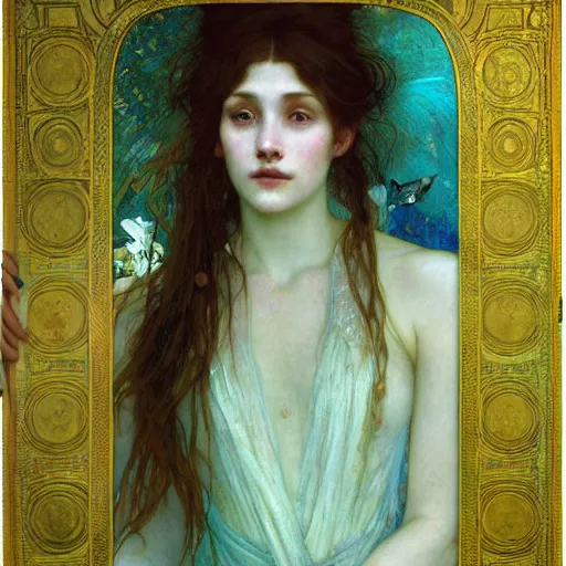 Image similar to girl in a long dress swimming underwater, caustics, painting by Jeremy Lipkings John William Waterhouse Ayami Kojima Amano Alphonse Mucha Charlie Bowater